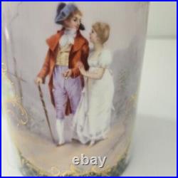 Antique Porcelain Chocolate Set Pitcher Cups Hand Painted Gold Trim 1905 Couple