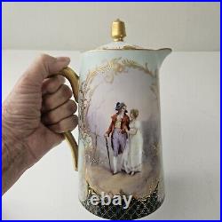 Antique Porcelain Chocolate Set Pitcher Cups Hand Painted Gold Trim 1905 Couple