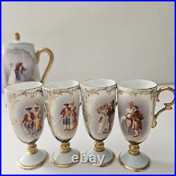 Antique Porcelain Chocolate Set Pitcher Cups Hand Painted Gold Trim 1905 Couple