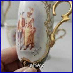 Antique Porcelain Chocolate Set Pitcher Cups Hand Painted Gold Trim 1905 Couple