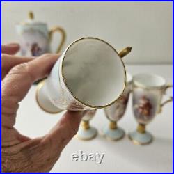 Antique Porcelain Chocolate Set Pitcher Cups Hand Painted Gold Trim 1905 Couple