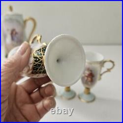 Antique Porcelain Chocolate Set Pitcher Cups Hand Painted Gold Trim 1905 Couple