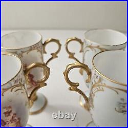 Antique Porcelain Chocolate Set Pitcher Cups Hand Painted Gold Trim 1905 Couple