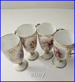 Antique Porcelain Chocolate Set Pitcher Cups Hand Painted Gold Trim 1905 Couple