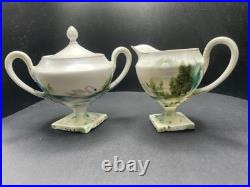 Antique RS Prussia Pedestal Sugar Bowl & Creamer Set Swans in Lake Motif