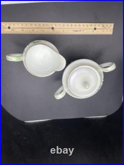 Antique RS Prussia Pedestal Sugar Bowl & Creamer Set Swans in Lake Motif
