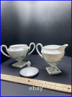 Antique RS Prussia Pedestal Sugar Bowl & Creamer Set Swans in Lake Motif