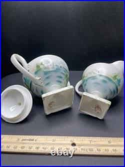 Antique RS Prussia Pedestal Sugar Bowl & Creamer Set Swans in Lake Motif