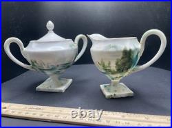 Antique RS Prussia Pedestal Sugar Bowl & Creamer Set Swans in Lake Motif