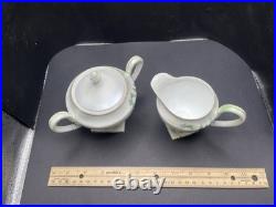 Antique RS Prussia Pedestal Sugar Bowl & Creamer Set Swans in Lake Motif