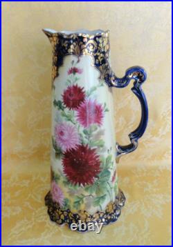 Antique Royal Kinran Nippon Moriage Pitcher Chrysanthemums Cobal Blue & Gold