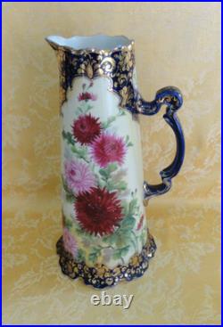 Antique Royal Kinran Nippon Moriage Pitcher Chrysanthemums Cobal Blue & Gold