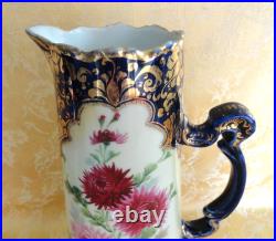 Antique Royal Kinran Nippon Moriage Pitcher Chrysanthemums Cobal Blue & Gold