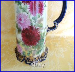 Antique Royal Kinran Nippon Moriage Pitcher Chrysanthemums Cobal Blue & Gold