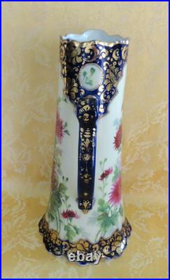 Antique Royal Kinran Nippon Moriage Pitcher Chrysanthemums Cobal Blue & Gold