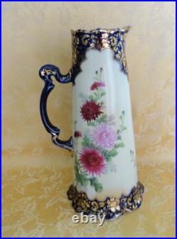 Antique Royal Kinran Nippon Moriage Pitcher Chrysanthemums Cobal Blue & Gold