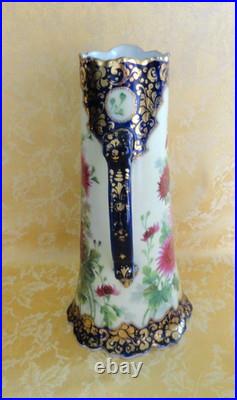 Antique Royal Kinran Nippon Moriage Pitcher Chrysanthemums Cobal Blue & Gold