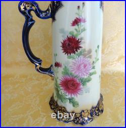 Antique Royal Kinran Nippon Moriage Pitcher Chrysanthemums Cobal Blue & Gold