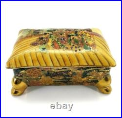 Antique Satsuma Trinket Candy Dish with Lid Hand Painted Geisha Floral Gold