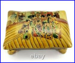 Antique Satsuma Trinket Candy Dish with Lid Hand Painted Geisha Floral Gold
