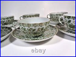 Antique Set of 6 Asian Cup & Saucers Green Floral w Gold Gilt w Reign Markings