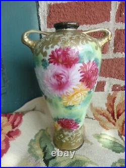 Antique Signed Nippon Painted Floral Heavy Gold Beaded 2 Handle Porcelain Vase