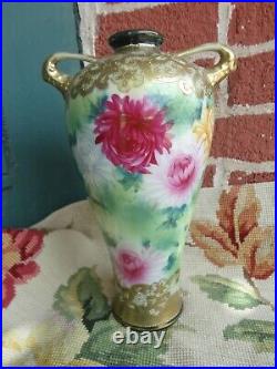 Antique Signed Nippon Painted Floral Heavy Gold Beaded 2 Handle Porcelain Vase