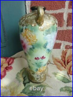 Antique Signed Nippon Painted Floral Heavy Gold Beaded 2 Handle Porcelain Vase