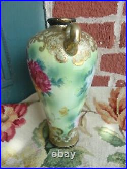 Antique Signed Nippon Painted Floral Heavy Gold Beaded 2 Handle Porcelain Vase