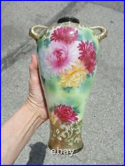 Antique Signed Nippon Painted Floral Heavy Gold Beaded 2 Handle Porcelain Vase