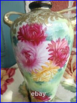 Antique Signed Nippon Painted Floral Heavy Gold Beaded 2 Handle Porcelain Vase