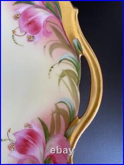 Antique T&V Limoges Pickard Hand Painted Pink Lily Plate Platter Tray Heavy Gold