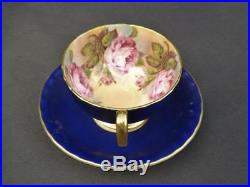 Aynsley Cabbage Rose Cobalt Blue Gold Trim Cup & Saucer English Bone China EXC