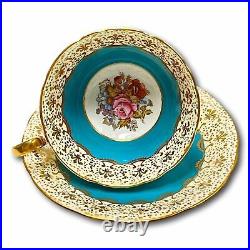 Aynsley England Teacups Lot 2 Porcelain China Teal Salmon Gold Chintz Gorgeous