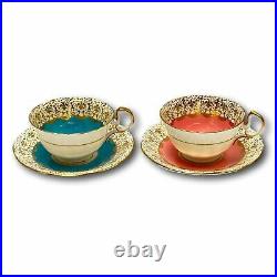 Aynsley England Teacups Lot 2 Porcelain China Teal Salmon Gold Chintz Gorgeous