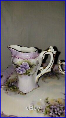 BRAND NEW UNUSED RARE Fine English 10K Gold Trim Pink & Purple Porcelain Tea Set