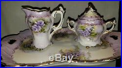 BRAND NEW UNUSED RARE Fine English 10K Gold Trim Pink & Purple Porcelain Tea Set