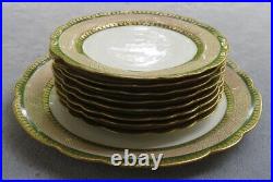 Beautiful 9 pcs Limoges France Decor Dessert Set Tray & 8 Plates Green with Gold