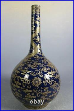 Beautiful Chinese blue glaze porcelain gilded vase