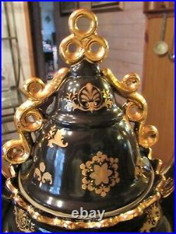 Black Gold Gilt Porcelain Footed Lidded 2-Handled Tureen Bowl 16