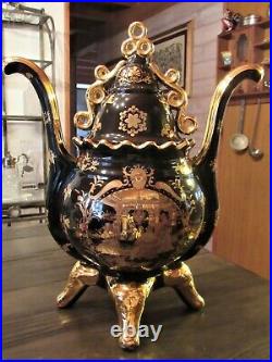 Black Gold Gilt Porcelain Footed Lidded 2-Handled Tureen Bowl 16