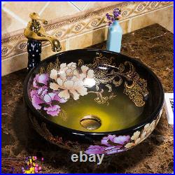 Black Round Ceramic Bathroom Basin Vessel Sink Mixer Faucet Tap Pop-up Drain Set