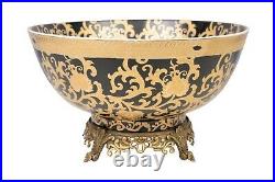 Black and Gold Tapestry Porcelain Bowl Brass Ormolu Accents 14 Diam