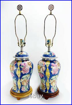 Blue Chinese Cloisonne Ginger Jar Vase Table Lamp Porcelain Chinoiserie Pair