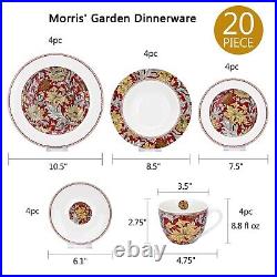 Bone China Dinner Service Set 20pc Porcelain Dinnerware MORRIS GARDEN Red Gold Bone China Dinner Service Set 20pc Porcelain Dinnerware MORRIS GARDEN Red Gold