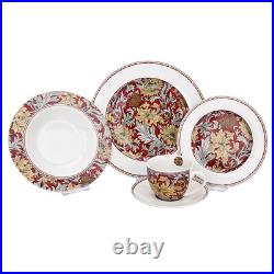Bone China Dinner Service Set 20pc Porcelain Dinnerware MORRIS GARDEN Red Gold Bone China Dinner Service Set 20pc Porcelain Dinnerware MORRIS GARDEN Red Gold