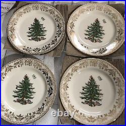 Boxed Set Of 4 Spode Christmas Tree Gold 8 Salad Plates With Tags $160