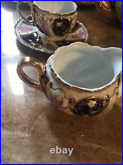 CZECH Thun 1794 China Porcelain 24Ct Gold Tea Set 16 Pcs Flowers /Cobalt Vng