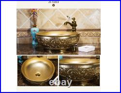 Carved Gold Ceramic Bathroom Basin Vessel Sink Mixer Faucet Tap Pop-up Drain Set