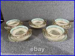 Castleton China Tremont Blue Gold Scalloped Set of 5 Saucer & Soup Bowl Set USA